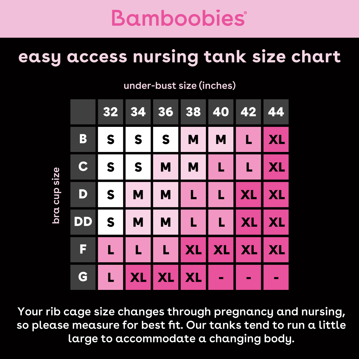 Nursing tank top size chart