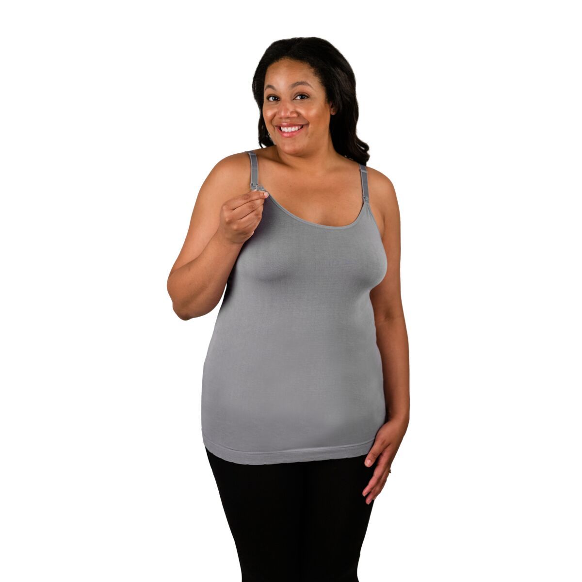 Woman wearing grey seamless nursing tank top showing nursing clip feature