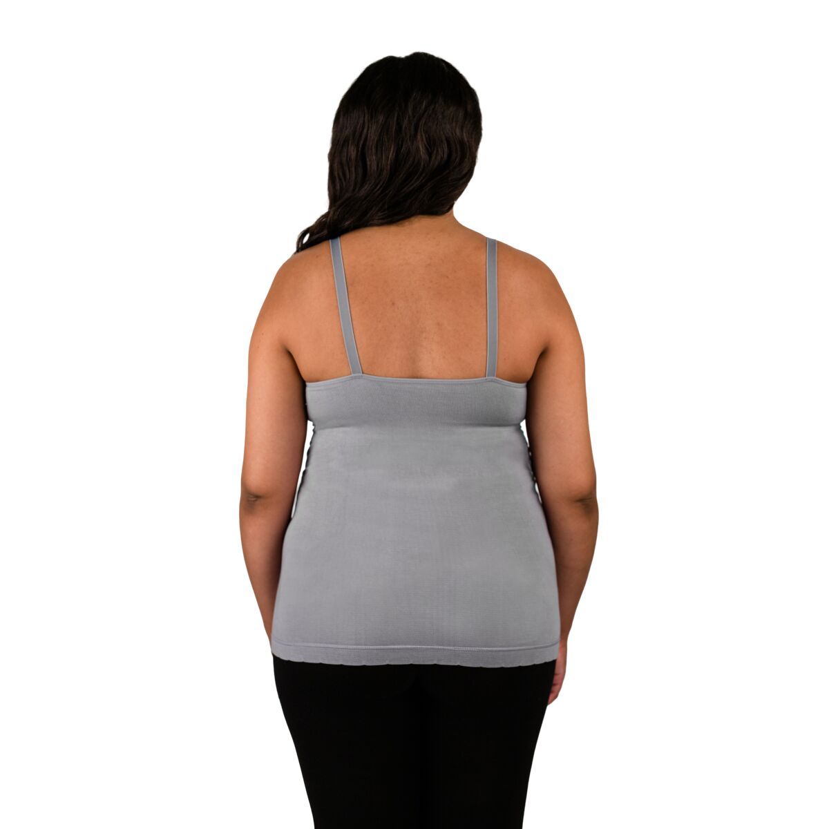 Back of woman wearing grey seamless nursing tank top