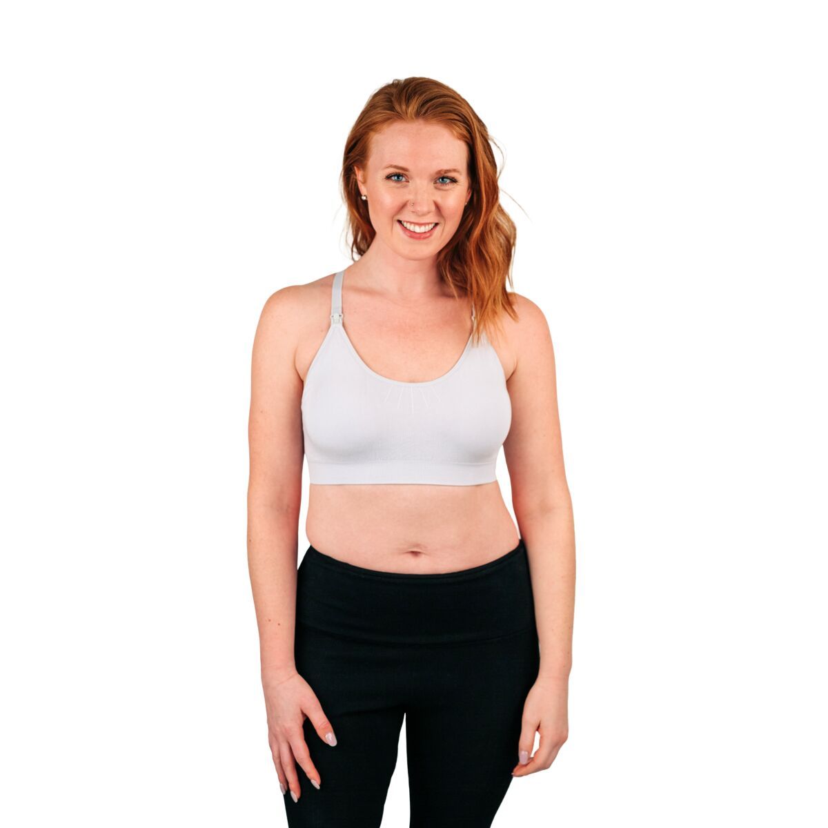 Front of woman wearing gray nursing bra