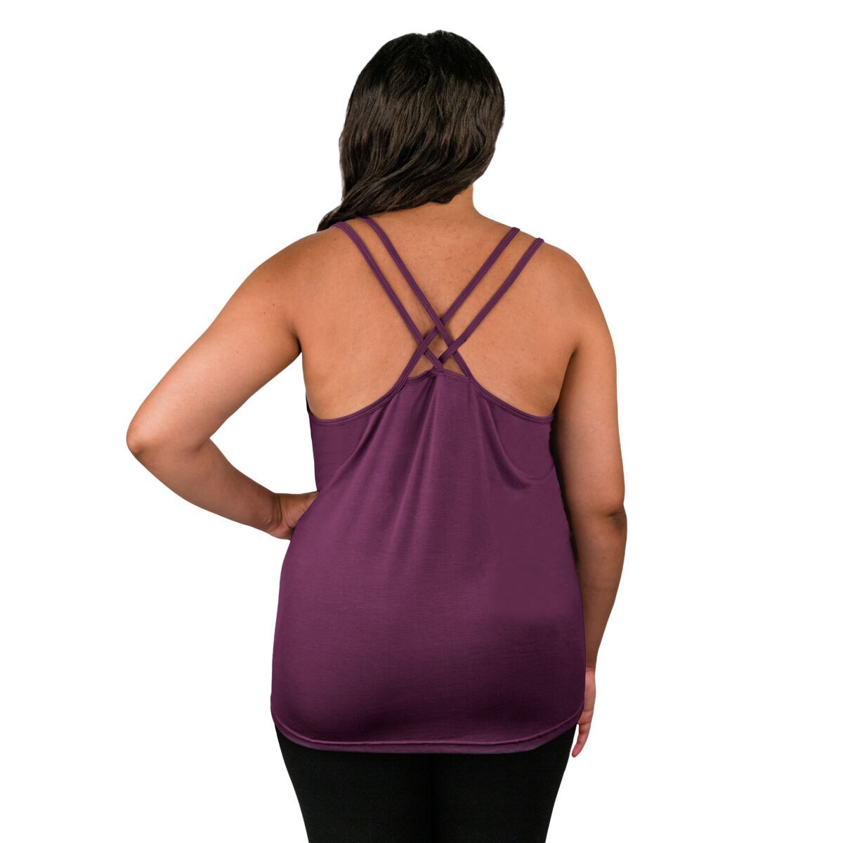 Back of woman wearing purple nursing tank top tank