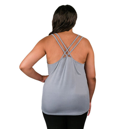 Back of woman wearing grey nursing tank top