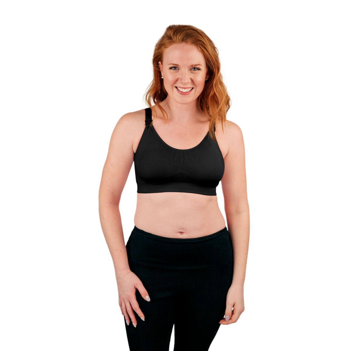 Front of woman wearing black strappy nursing bra