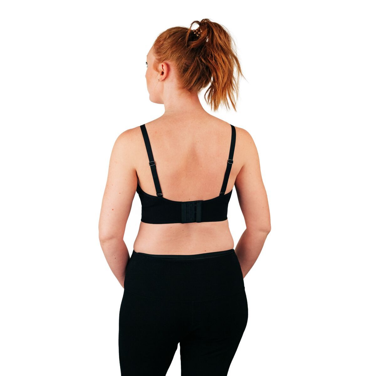 Back of woman wearing black bra for everyday wear