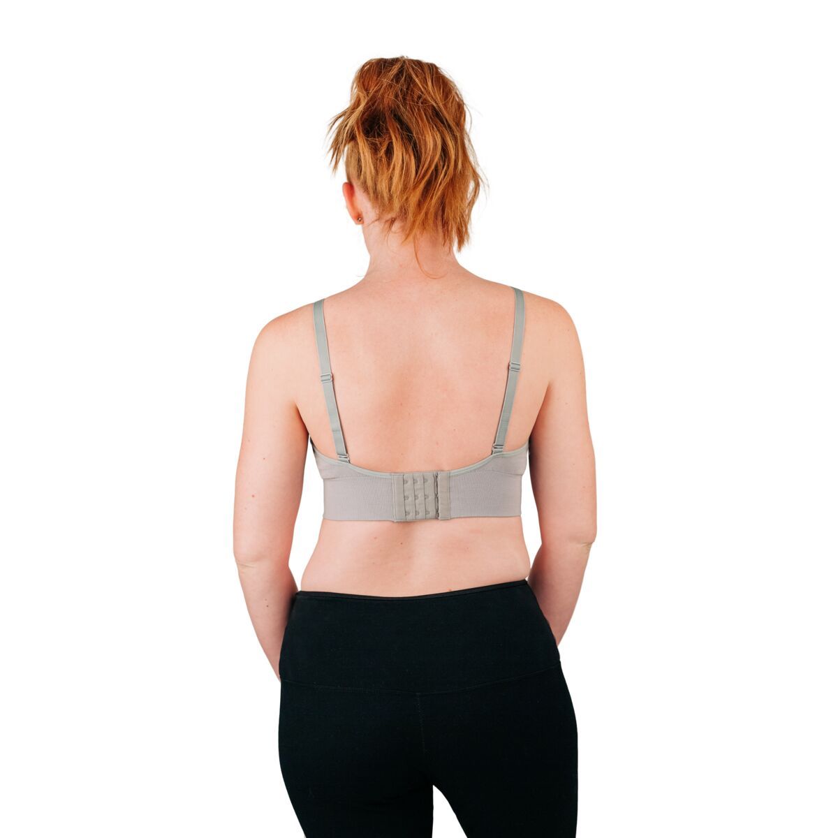 Back of woman wearing grey bra for everyday wear