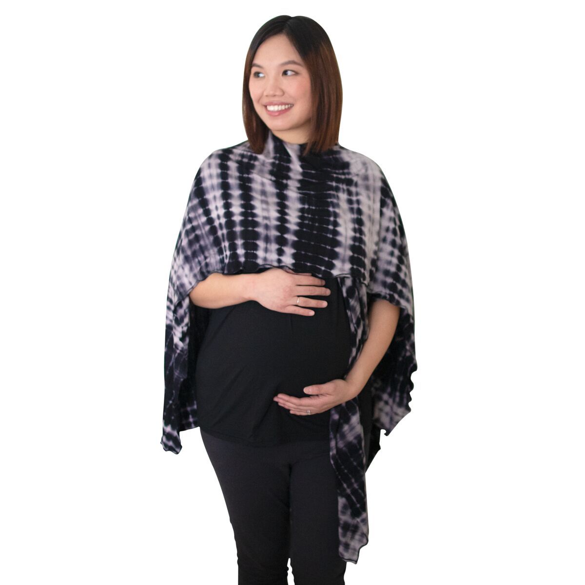 Front of woman wearing shibori open nursing cover