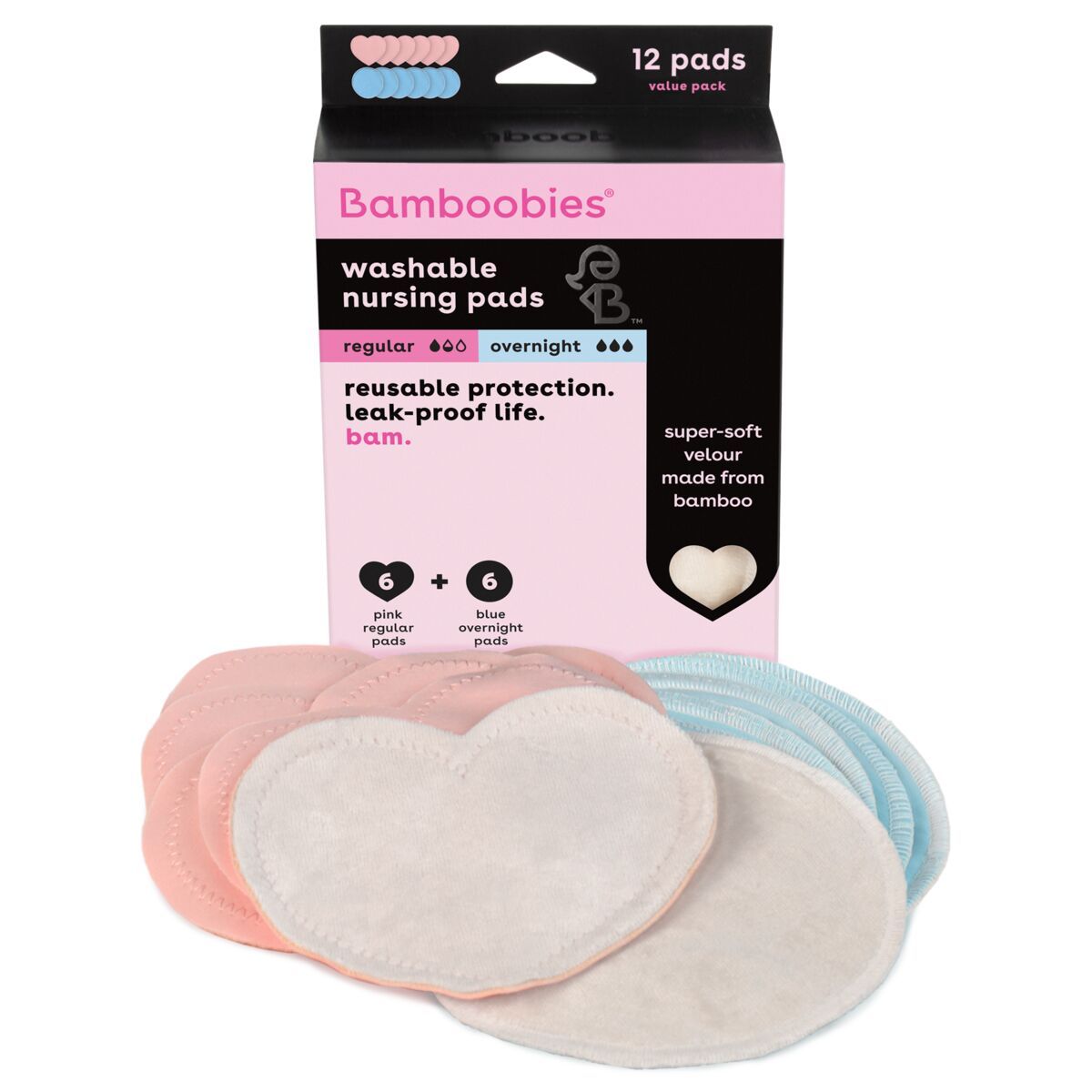 Box of reusable Nursing Pads, 6 regular nursing pads and 6 overnight nursing pads