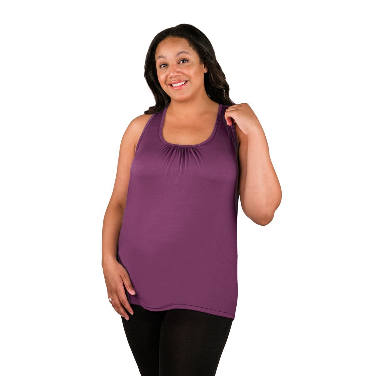 Front of woman wearing purple nursing tank top