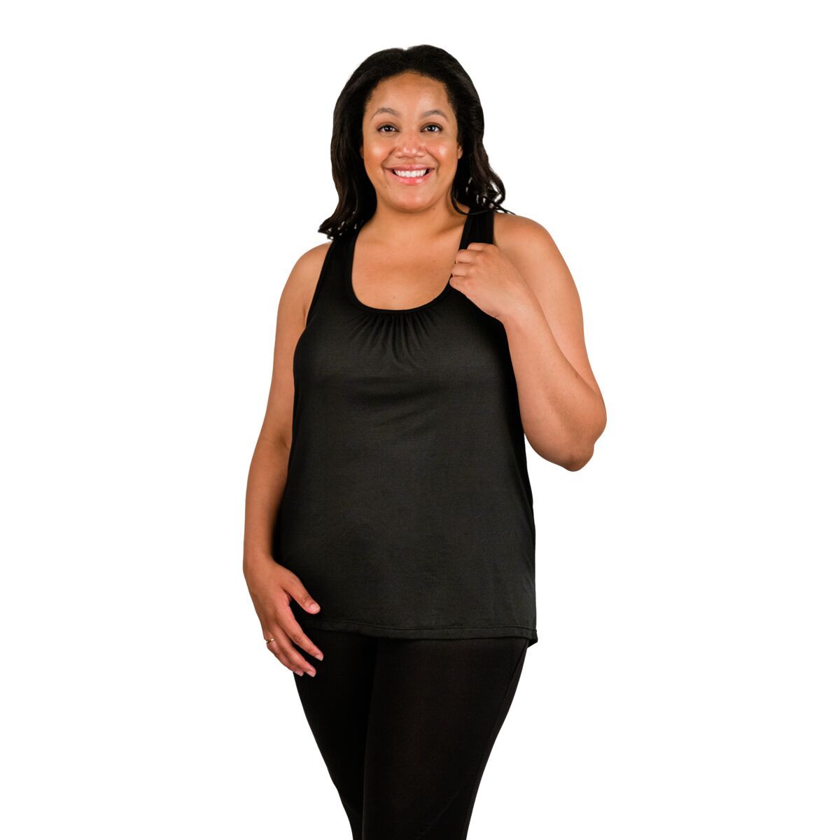 Front of woman wearing black nursing tank top