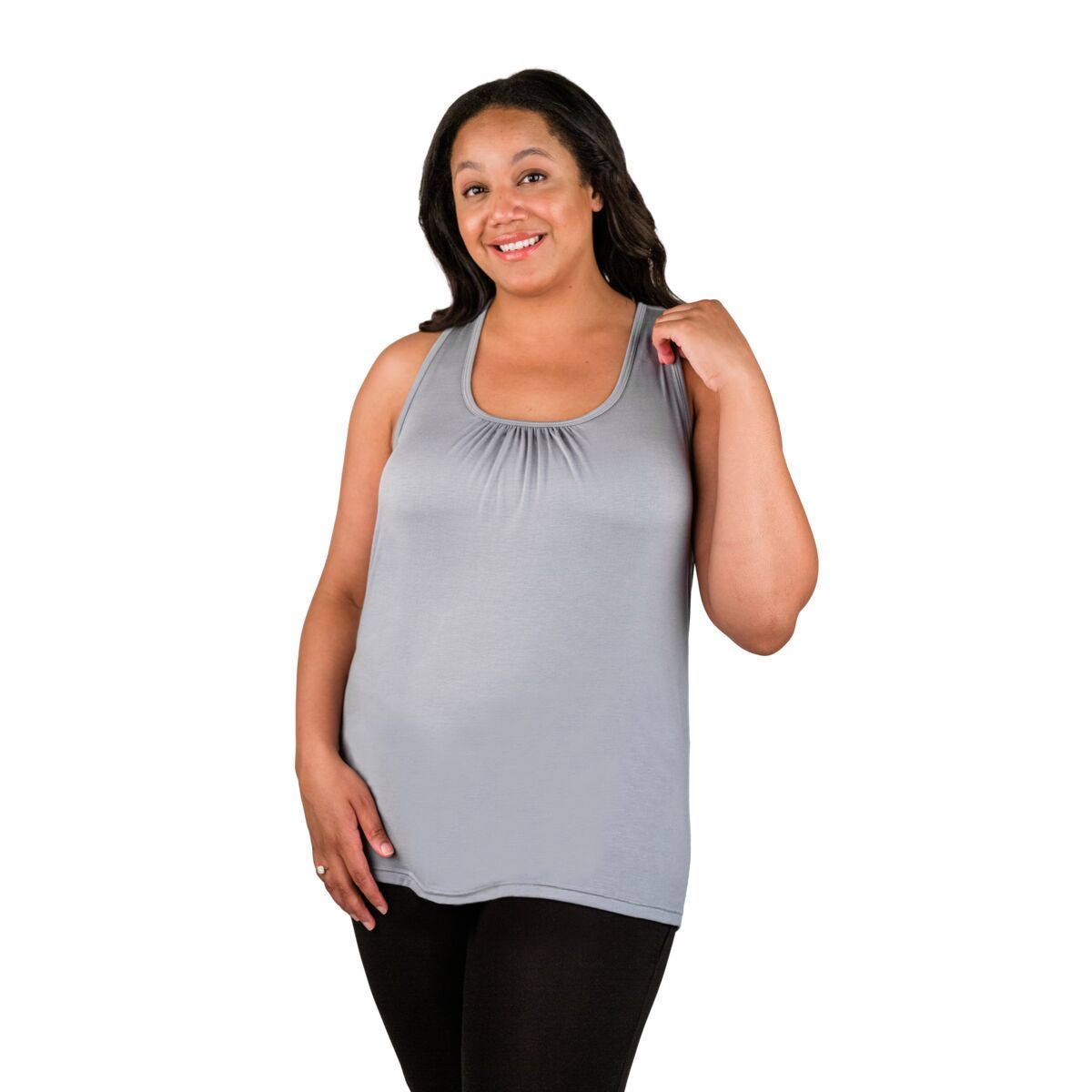 Front of woman wearing grey nursing tank top