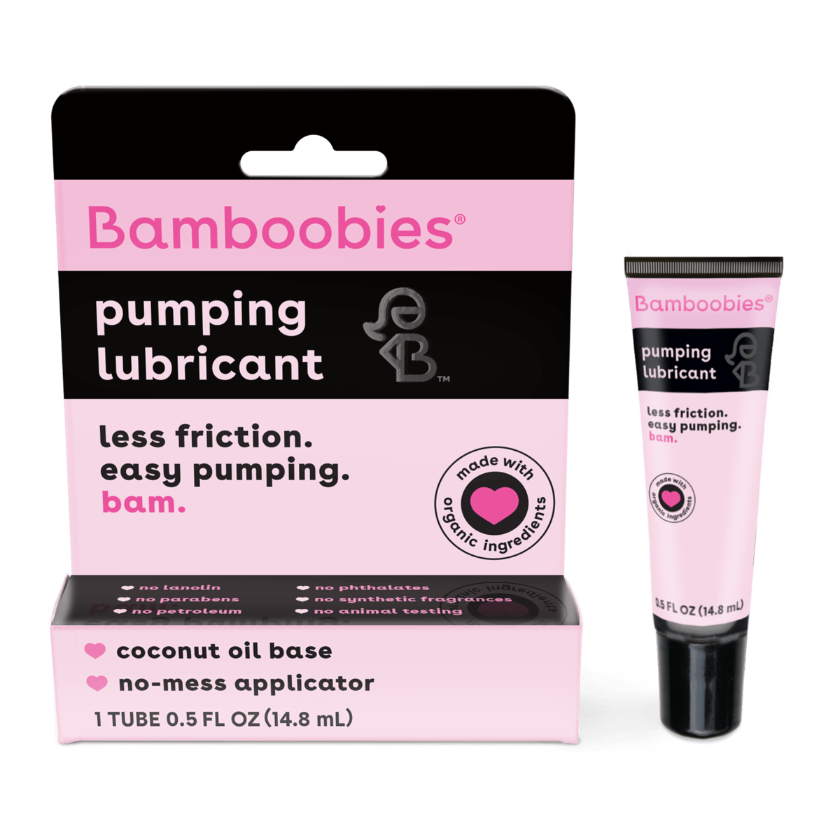 Front of packaging image of boob lube, 1 tube of pumping lubricant