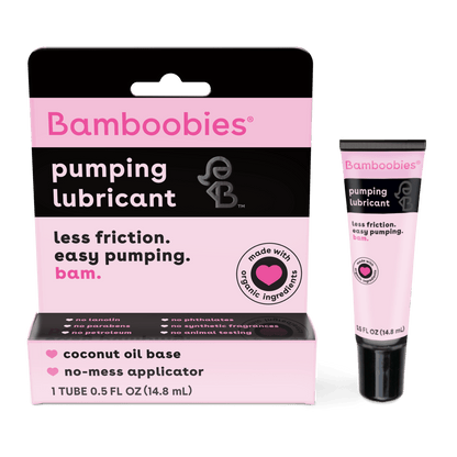 Front of packaging image of boob lube, 1 tube of pumping lubricant