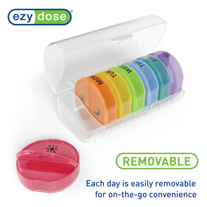 Weekly am/pm rainbow pill organizer with removable daily containers for on-the-go convenience