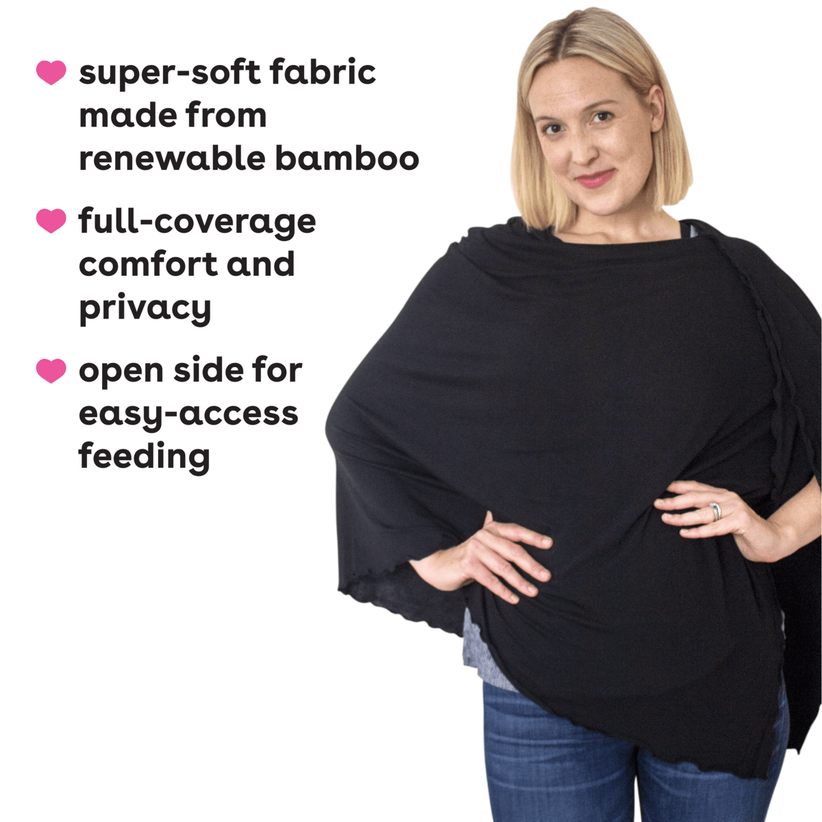 Infograph of woman wearing black nursing cover made of super-soft fabric made from renewable bamboo