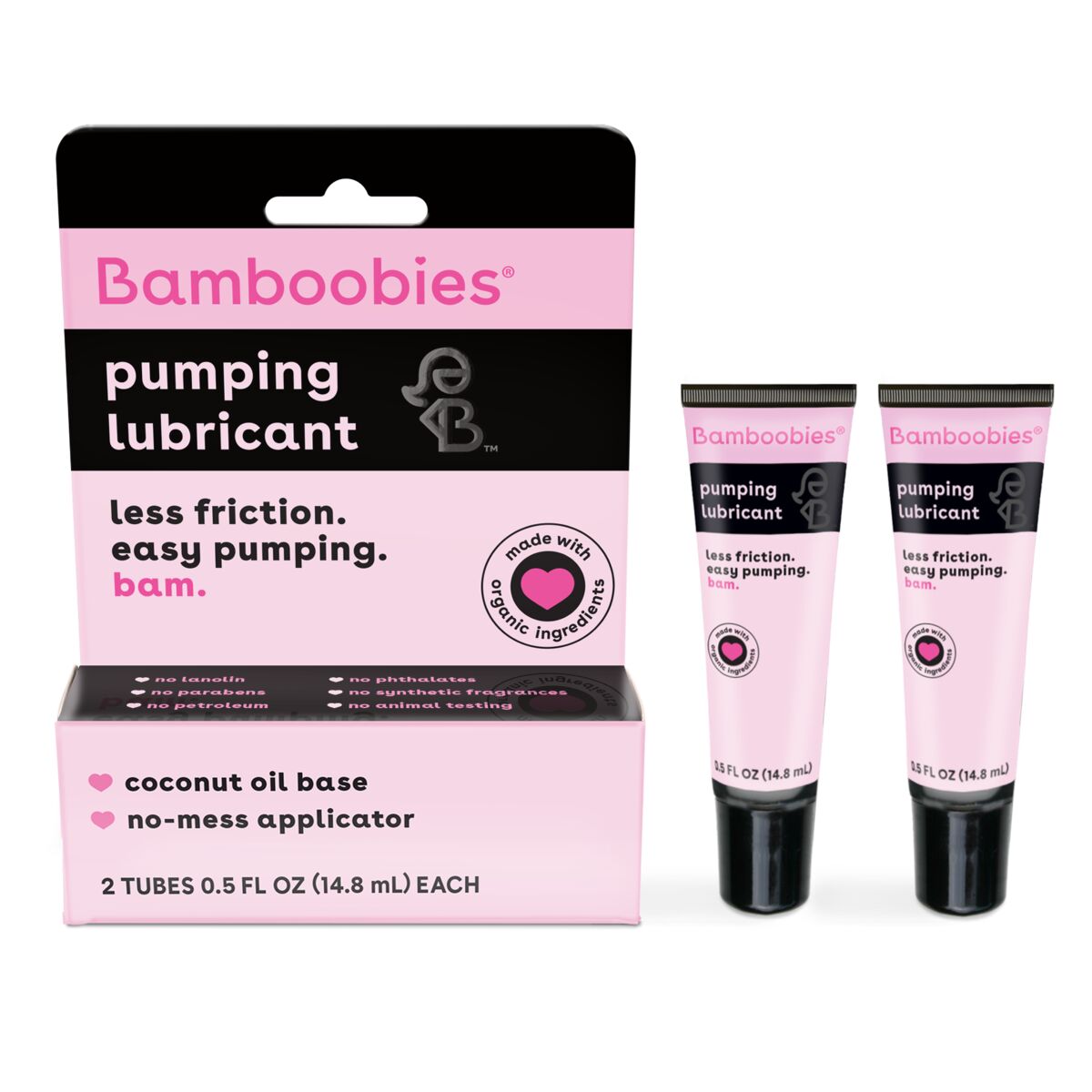 Front of packaging image of boob lube, 2 tubes of pumping lubricant