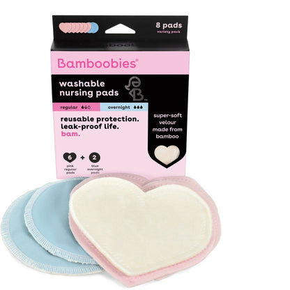 Box of reusable Nursing Pads, 6 light pink regular nursing pads and 2 overnight nursing pads