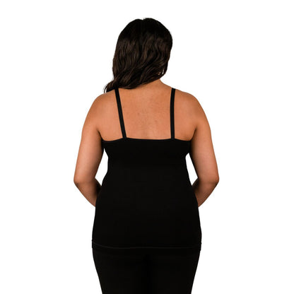 Back of woman wearing black seamless nursing tank top