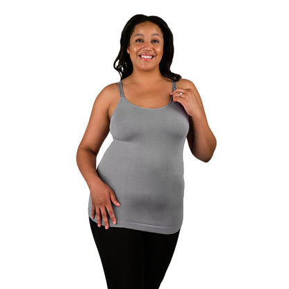 Front of woman wearing grey seamless nursing tank top