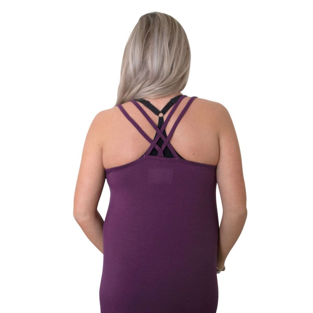Back of woman wearing purple nursing nightgown