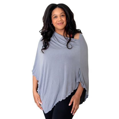 Front of woman wearing grey nursing cover