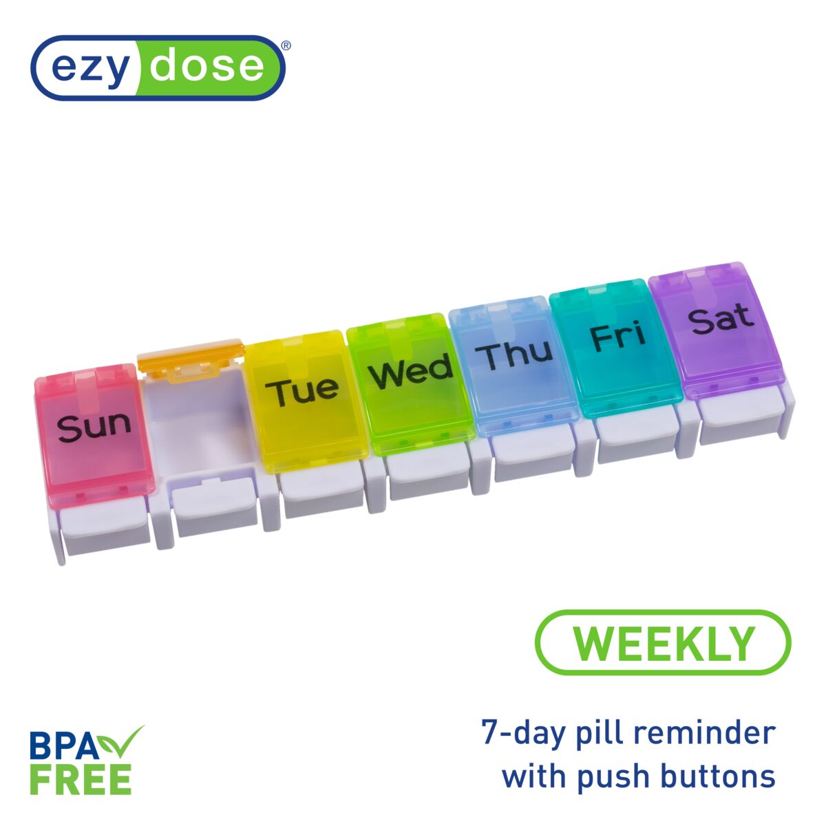 Weekly rainbow pill organizer with push buttons