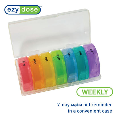 Rainbow weekly pill organizer in a convenient case with AM/PM compartments
