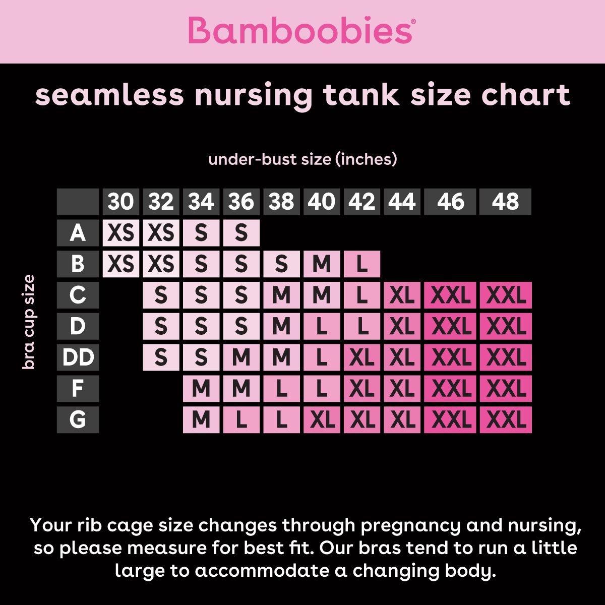 Seamless nursing tank top size chart